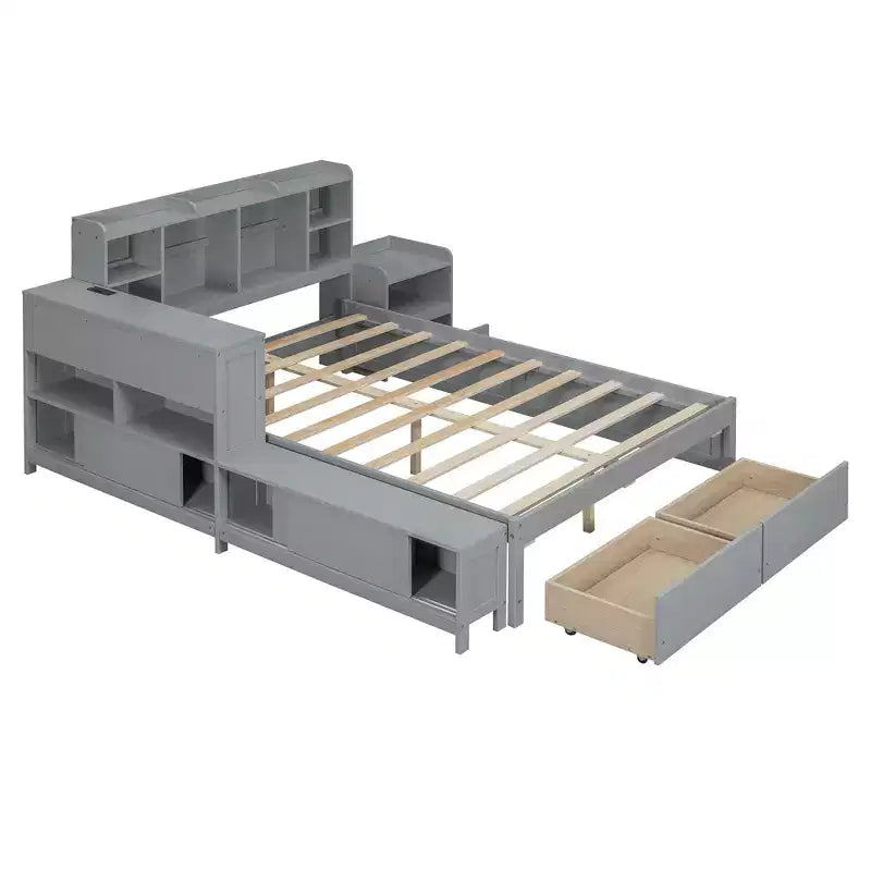 Cadre de lit double avec ports USB et bureau, lit plateforme en bois avec table de chevet et 2 tiroirs, lit double avec tête de lit bibliothèque