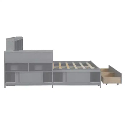 Cadre de lit double avec ports USB et bureau, lit plateforme en bois avec table de chevet et 2 tiroirs, lit double avec tête de lit bibliothèque