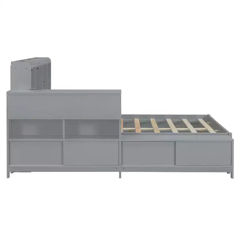 Cadre de lit double avec ports USB et bureau, lit plateforme en bois avec table de chevet et 2 tiroirs, lit double avec tête de lit bibliothèque