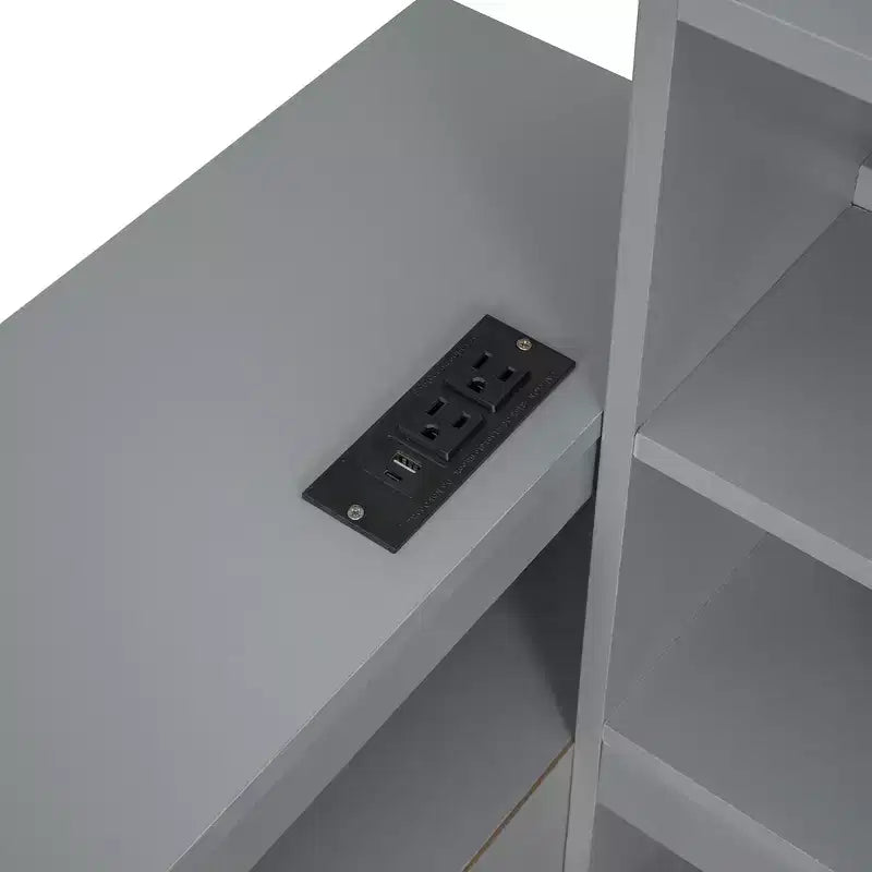 Cadre de lit double avec ports USB et bureau, lit plateforme en bois avec table de chevet et 2 tiroirs, lit double avec tête de lit bibliothèque