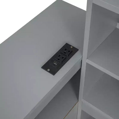 Cadre de lit double avec ports USB et bureau, lit plateforme en bois avec table de chevet et 2 tiroirs, lit double avec tête de lit bibliothèque
