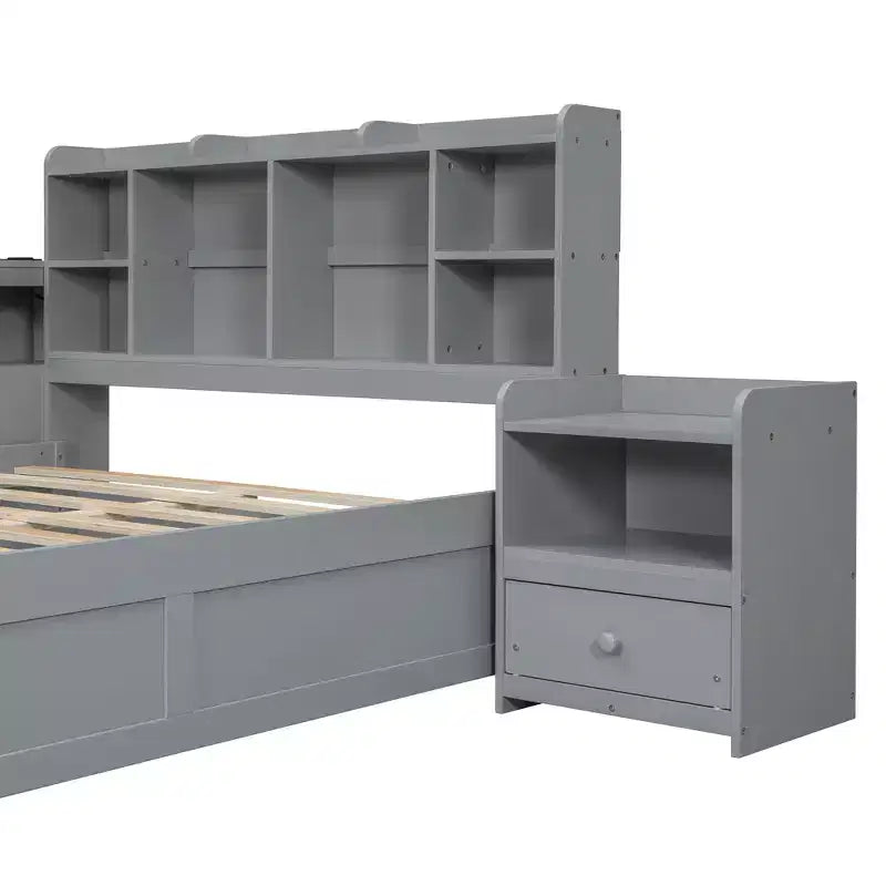 Cadre de lit double avec ports USB et bureau, lit plateforme en bois avec table de chevet et 2 tiroirs, lit double avec tête de lit bibliothèque