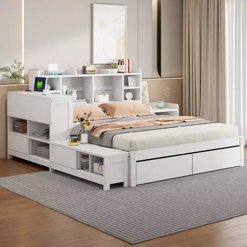 Cadre de lit double avec ports USB et bureau, lit plateforme en bois avec table de chevet et 2 tiroirs, lit double avec tête de lit bibliothèque