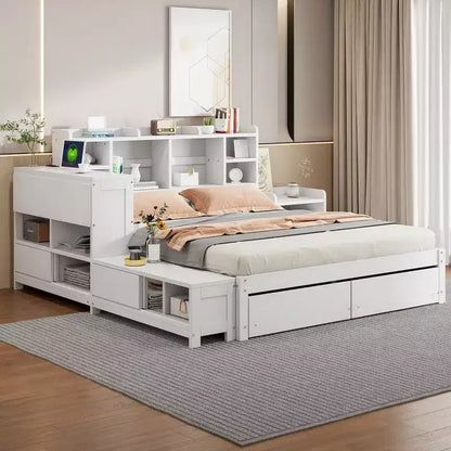 Cadre de lit double avec ports USB et bureau, lit plateforme en bois avec table de chevet et 2 tiroirs, lit double avec tête de lit bibliothèque