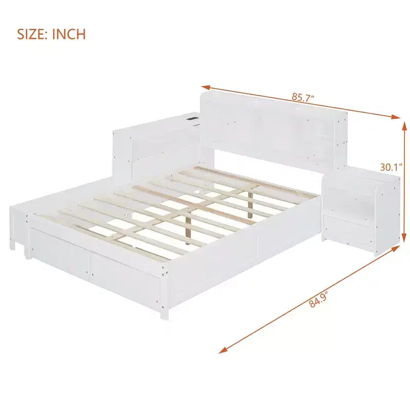 Cadre de lit double avec ports USB et bureau, lit plateforme en bois avec table de chevet et 2 tiroirs, lit double avec tête de lit bibliothèque