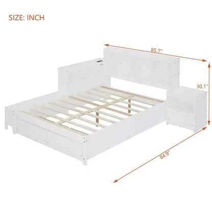 Cadre de lit double avec ports USB et bureau, lit plateforme en bois avec table de chevet et 2 tiroirs, lit double avec tête de lit bibliothèque