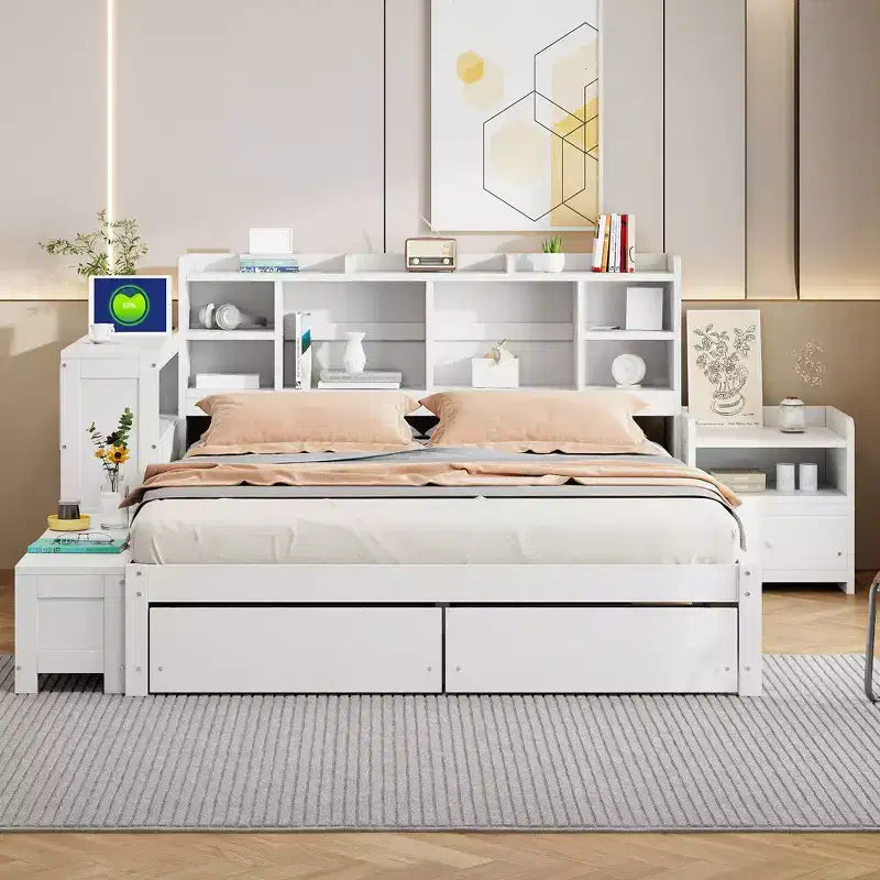 Cadre de lit double avec ports USB et bureau, lit plateforme en bois avec table de chevet et 2 tiroirs, lit double avec tête de lit bibliothèque
