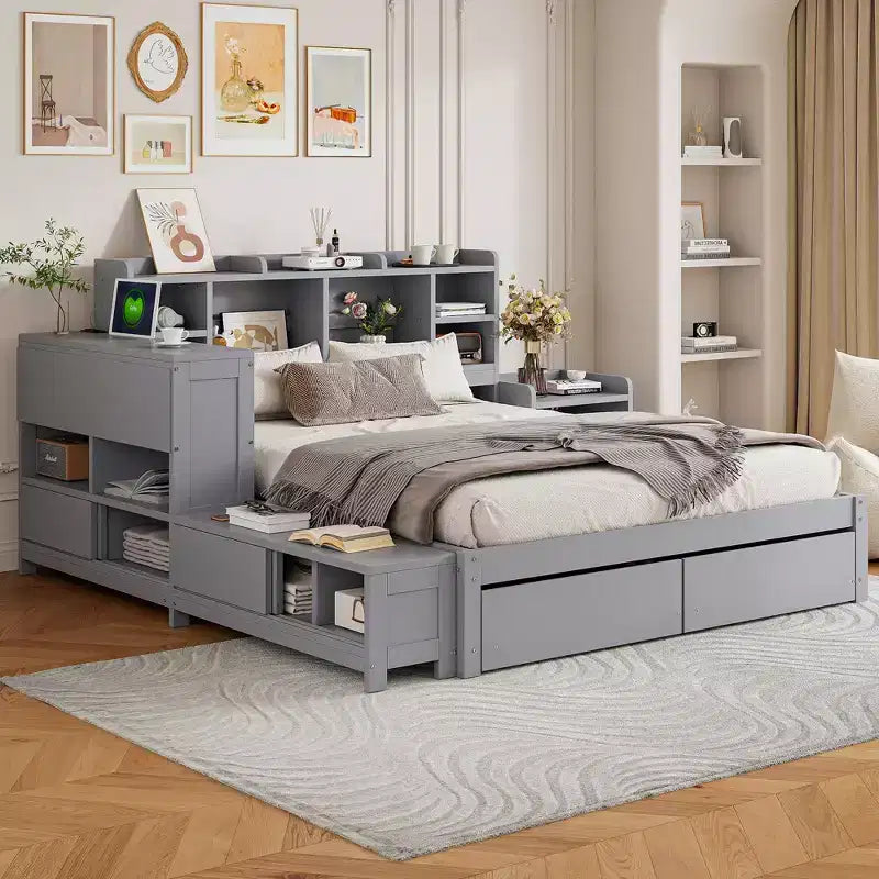 Cadre de lit double avec ports USB et bureau, lit plateforme en bois avec table de chevet et 2 tiroirs, lit double avec tête de lit bibliothèque