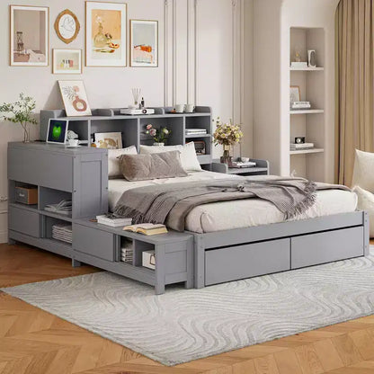 Cadre de lit double avec ports USB et bureau, lit plateforme en bois avec table de chevet et 2 tiroirs, lit double avec tête de lit bibliothèque