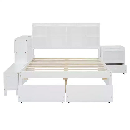 Cadre de lit double avec ports USB et bureau, lit plateforme en bois avec table de chevet et 2 tiroirs, lit double avec tête de lit bibliothèque