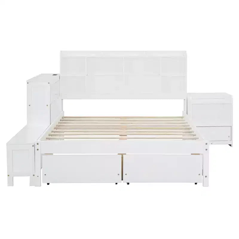Cadre de lit double avec ports USB et bureau, lit plateforme en bois avec table de chevet et 2 tiroirs, lit double avec tête de lit bibliothèque