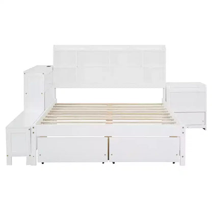 Cadre de lit double avec ports USB et bureau, lit plateforme en bois avec table de chevet et 2 tiroirs, lit double avec tête de lit bibliothèque