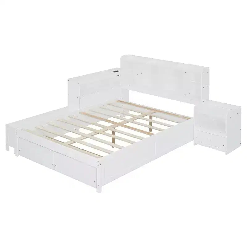 Cadre de lit double avec ports USB et bureau, lit plateforme en bois avec table de chevet et 2 tiroirs, lit double avec tête de lit bibliothèque