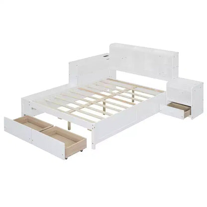 Cadre de lit double avec ports USB et bureau, lit plateforme en bois avec table de chevet et 2 tiroirs, lit double avec tête de lit bibliothèque