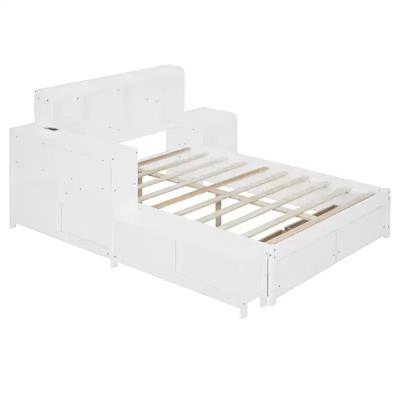 Cadre de lit double avec ports USB et bureau, lit plateforme en bois avec table de chevet et 2 tiroirs, lit double avec tête de lit bibliothèque