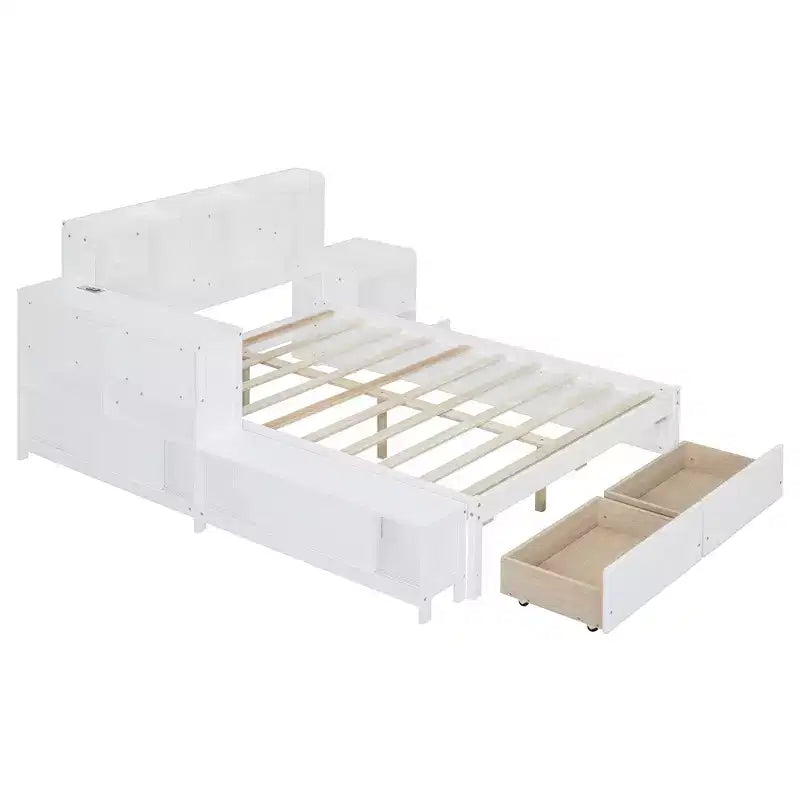 Cadre de lit double avec ports USB et bureau, lit plateforme en bois avec table de chevet et 2 tiroirs, lit double avec tête de lit bibliothèque