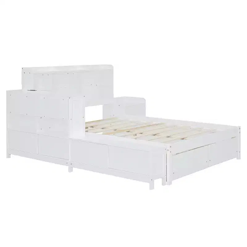 Cadre de lit double avec ports USB et bureau, lit plateforme en bois avec table de chevet et 2 tiroirs, lit double avec tête de lit bibliothèque