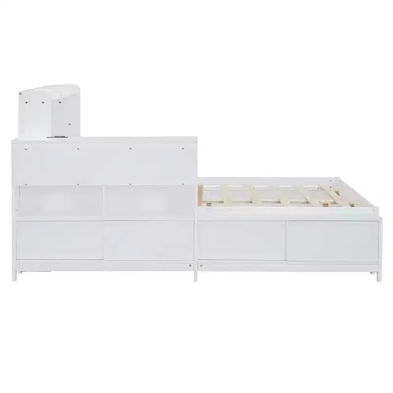Cadre de lit double avec ports USB et bureau, lit plateforme en bois avec table de chevet et 2 tiroirs, lit double avec tête de lit bibliothèque
