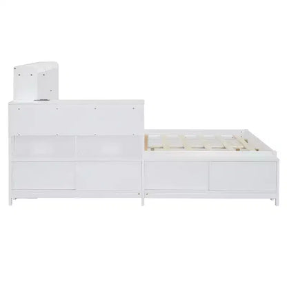 Cadre de lit double avec ports USB et bureau, lit plateforme en bois avec table de chevet et 2 tiroirs, lit double avec tête de lit bibliothèque