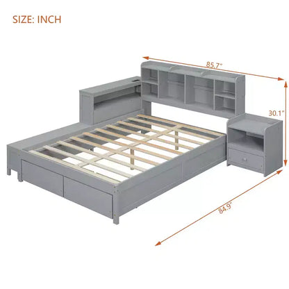 Cadre de lit double avec ports USB et bureau, lit plateforme en bois avec table de chevet et 2 tiroirs, lit double avec tête de lit bibliothèque