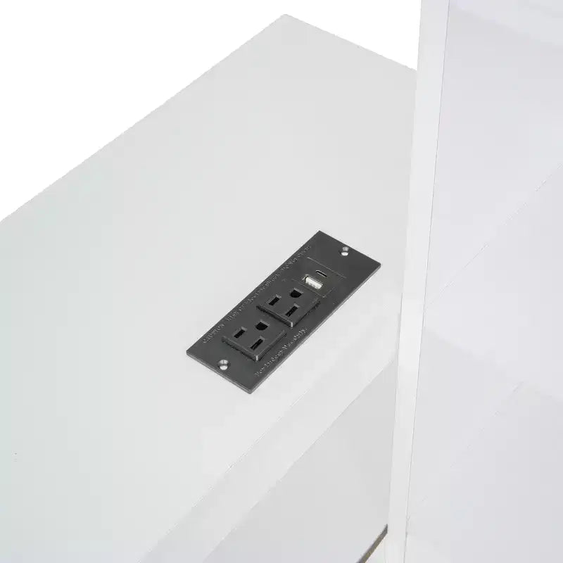 Cadre de lit double avec ports USB et bureau, lit plateforme en bois avec table de chevet et 2 tiroirs, lit double avec tête de lit bibliothèque