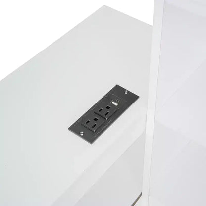 Cadre de lit double avec ports USB et bureau, lit plateforme en bois avec table de chevet et 2 tiroirs, lit double avec tête de lit bibliothèque