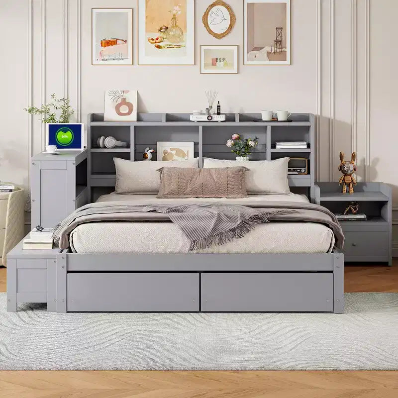 Cadre de lit double avec ports USB et bureau, lit plateforme en bois avec table de chevet et 2 tiroirs, lit double avec tête de lit bibliothèque
