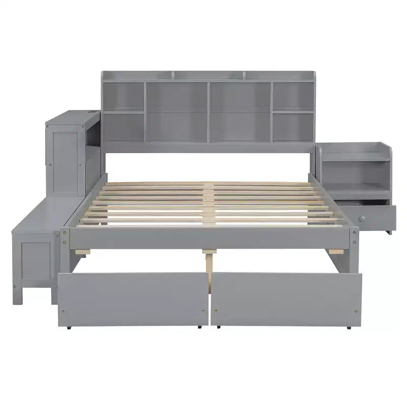 Cadre de lit double avec ports USB et bureau, lit plateforme en bois avec table de chevet et 2 tiroirs, lit double avec tête de lit bibliothèque
