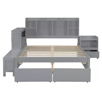 Cadre de lit double avec ports USB et bureau, lit plateforme en bois avec table de chevet et 2 tiroirs, lit double avec tête de lit bibliothèque