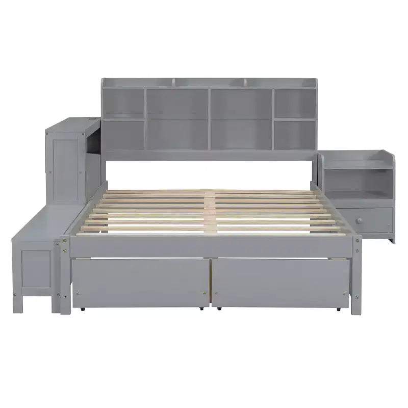 Cadre de lit double avec ports USB et bureau, lit plateforme en bois avec table de chevet et 2 tiroirs, lit double avec tête de lit bibliothèque