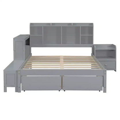 Cadre de lit double avec ports USB et bureau, lit plateforme en bois avec table de chevet et 2 tiroirs, lit double avec tête de lit bibliothèque