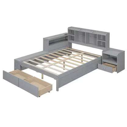 Cadre de lit double avec ports USB et bureau, lit plateforme en bois avec table de chevet et 2 tiroirs, lit double avec tête de lit bibliothèque