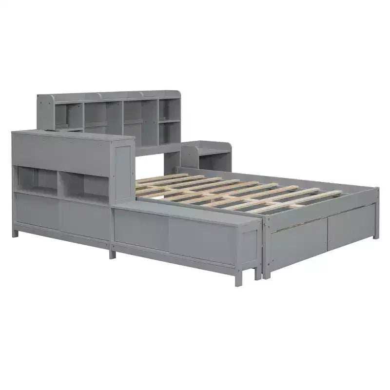 Cadre de lit double avec ports USB et bureau, lit plateforme en bois avec table de chevet et 2 tiroirs, lit double avec tête de lit bibliothèque