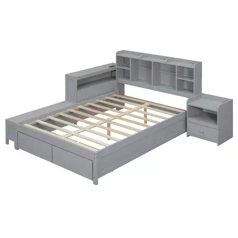 Cadre de lit double avec ports USB et bureau, lit plateforme en bois avec table de chevet et 2 tiroirs, lit double avec tête de lit bibliothèque