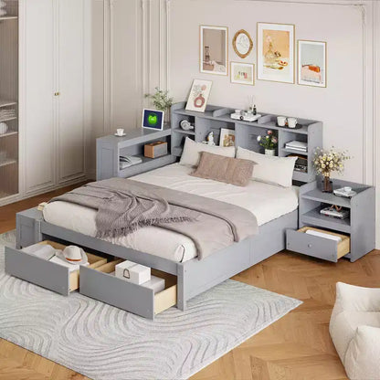 Full Storage Bed Frame with USB Ports & Desk, Wooden Platform Bed with Nightstand & 2 Drawers, Full Bed with Bookcase Headboard
