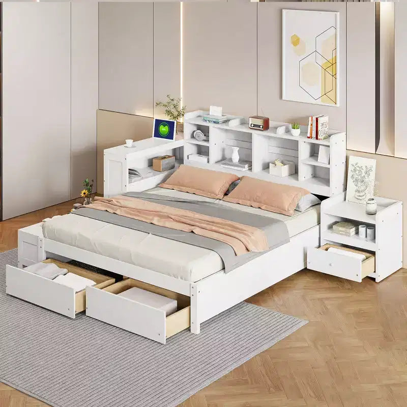 Cadre de lit double avec ports USB et bureau, lit plateforme en bois avec table de chevet et 2 tiroirs, lit double avec tête de lit bibliothèque
