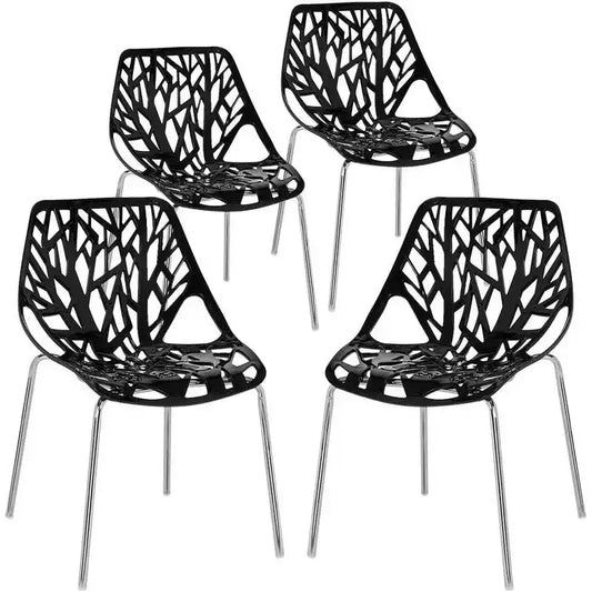 Modern Stackable Dining Chair Set of 4, Black, Plastic Birch Sapling Chairs for Dining Room, Living Room, Office