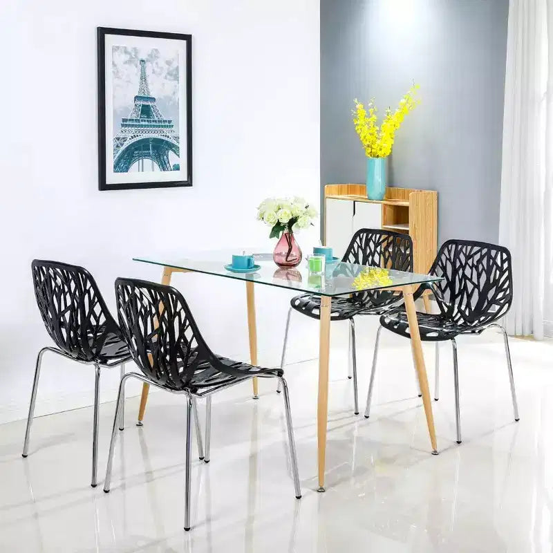 Lot de 4 chaises de salle à manger empilables modernes, noires, en plastique et bouleau pour salle à manger, salon, bureau