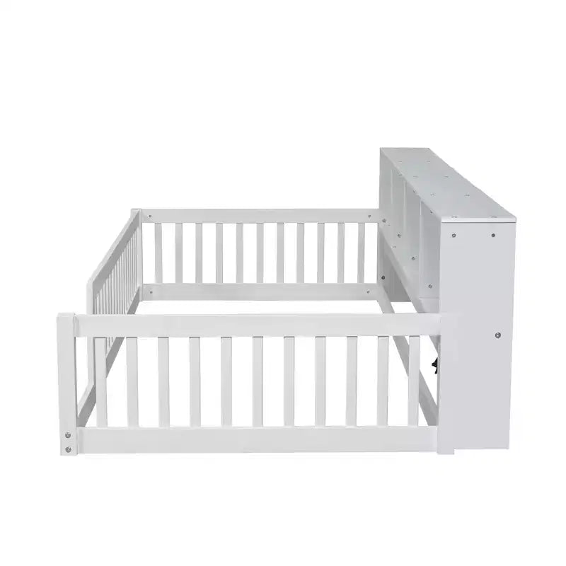 Lit de sol double XL en bois avec armoires de rangement et ports USB, lit de sol Montessori pour enfants avec clôture