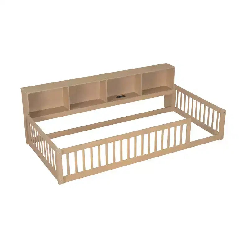Lit de sol double XL en bois avec armoires de rangement et ports USB, lit de sol Montessori pour enfants avec clôture