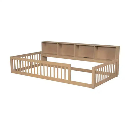 Lit de sol double XL en bois avec armoires de rangement et ports USB, lit de sol Montessori pour enfants avec clôture