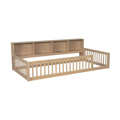 Lit de sol double XL en bois avec armoires de rangement et ports USB, lit de sol Montessori pour enfants avec clôture