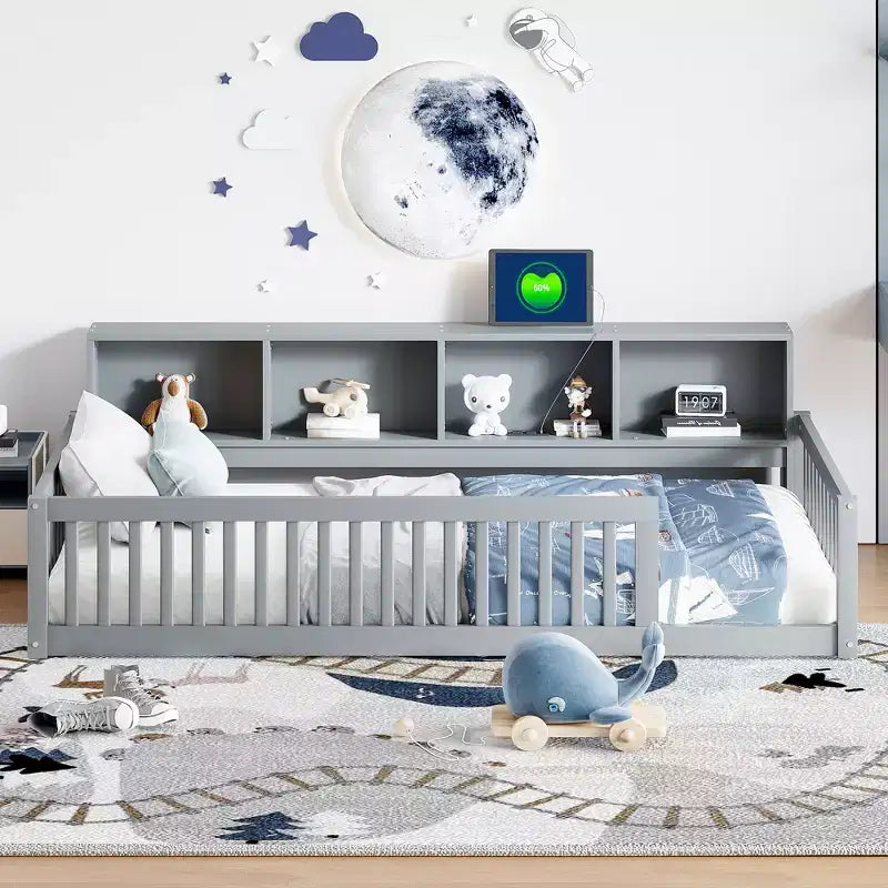 Lit de sol double XL en bois avec armoires de rangement et ports USB, lit de sol Montessori pour enfants avec clôture