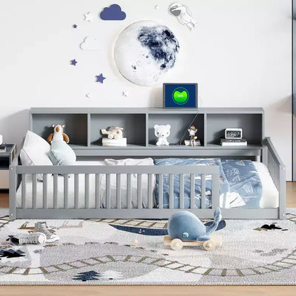 Lit de sol double XL en bois avec armoires de rangement et ports USB, lit de sol Montessori pour enfants avec clôture