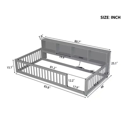 Lit de sol double XL en bois avec armoires de rangement et ports USB, lit de sol Montessori pour enfants avec clôture