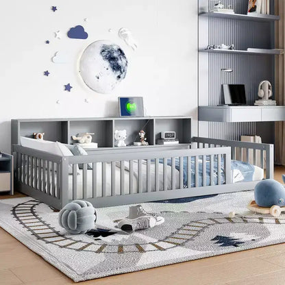 Lit de sol double XL en bois avec armoires de rangement et ports USB, lit de sol Montessori pour enfants avec clôture