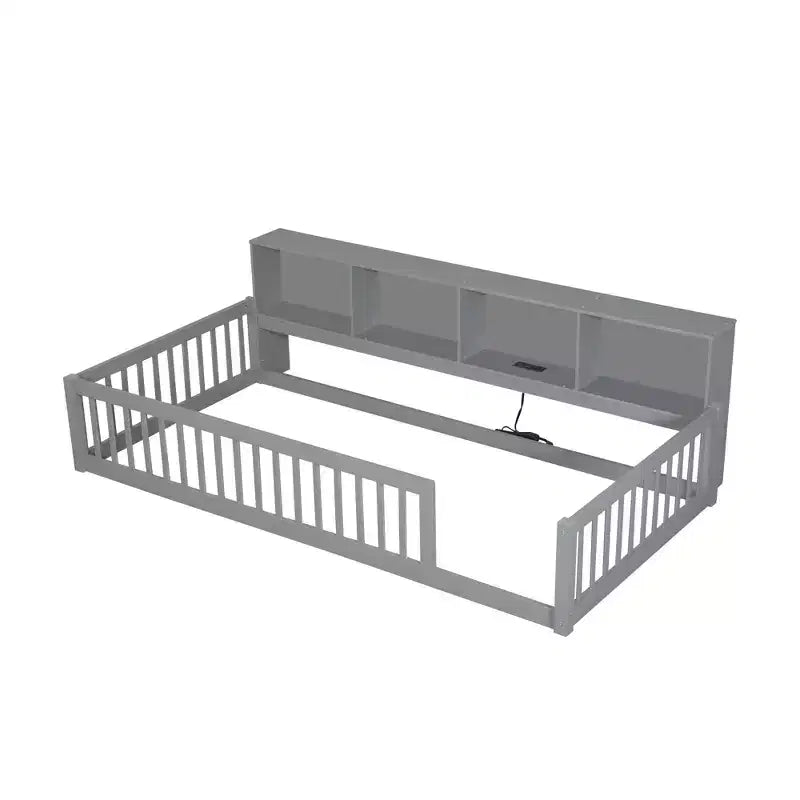 Lit de sol double XL en bois avec armoires de rangement et ports USB, lit de sol Montessori pour enfants avec clôture