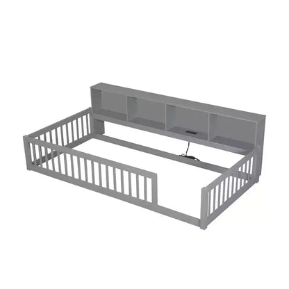 Lit de sol double XL en bois avec armoires de rangement et ports USB, lit de sol Montessori pour enfants avec clôture