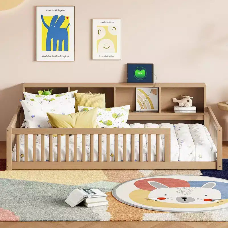 Lit de sol double XL en bois avec armoires de rangement et ports USB, lit de sol Montessori pour enfants avec clôture