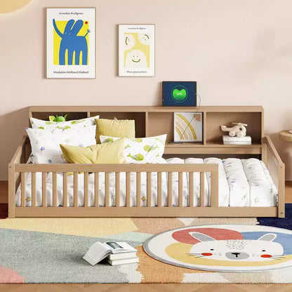 Lit de sol double XL en bois avec armoires de rangement et ports USB, lit de sol Montessori pour enfants avec clôture